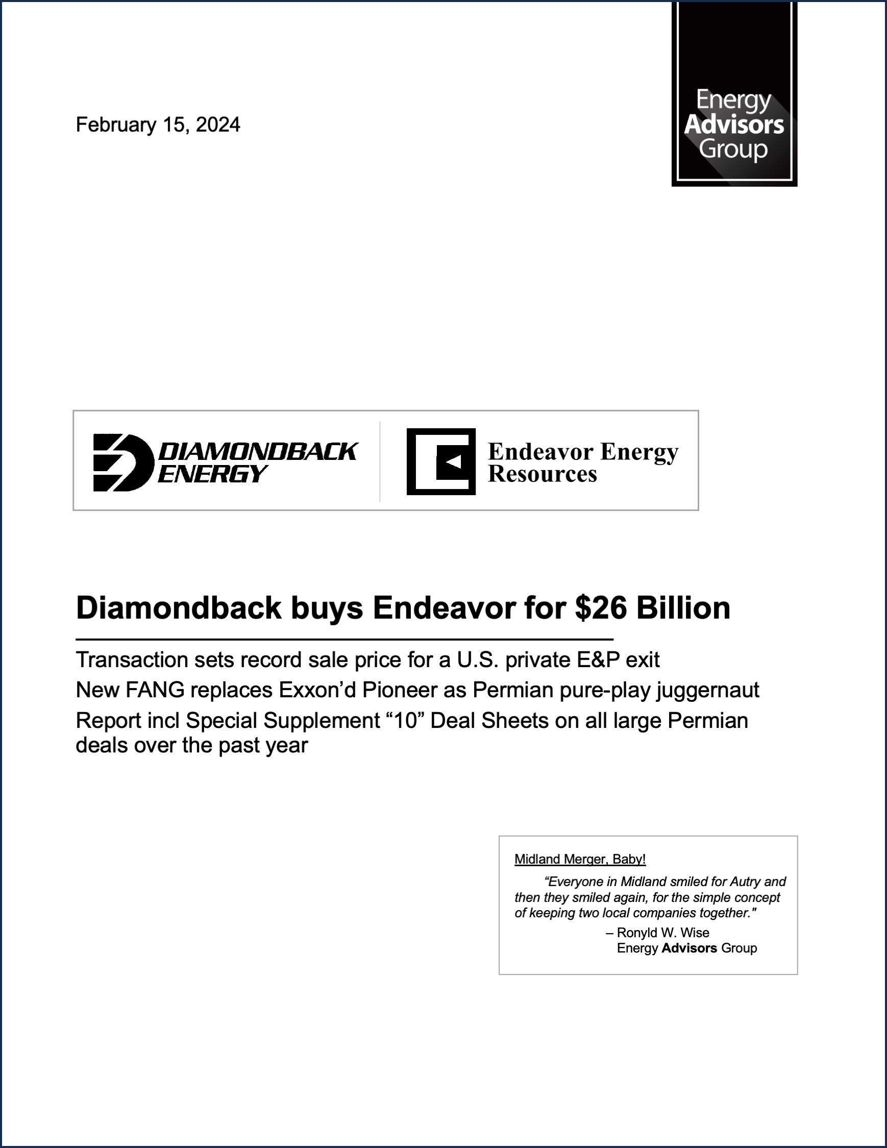 DEAL ALERT (FANG/ENDEAVOR) - Energy Advisors Group DEAL ALERT (FANG/ENDEAVOR)